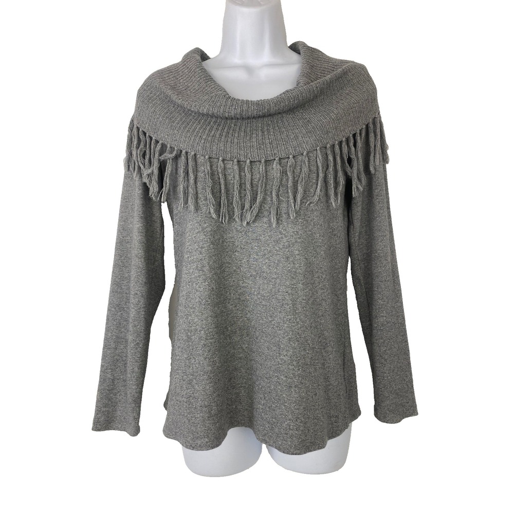 Rafaella Cowl Neck Sweater Women Medium Gray Fringe Boho Ribbed Knit Top